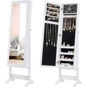 imageGiantex Jewelry Cabinet with FullLength Mirror Standing Jewelry Armoire Organizer with 64 Earring Slots 72 Ring Slots 20 Necklace Hooks 4 Storage Shelves 3 Angle Adjustable WhiteWhite