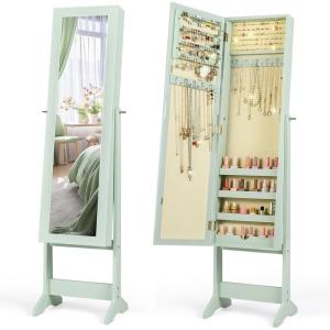 imageGiantex Jewelry Cabinet with FullLength Mirror Standing Jewelry Armoire Organizer with 64 Earring Slots 72 Ring Slots 20 Necklace Hooks 4 Storage Shelves 3 Angle Adjustable WhiteSage