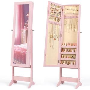 imageGiantex Jewelry Cabinet with FullLength Mirror Standing Jewelry Armoire Organizer with 64 Earring Slots 72 Ring Slots 20 Necklace Hooks 4 Storage Shelves 3 Angle Adjustable WhiteLight Pink