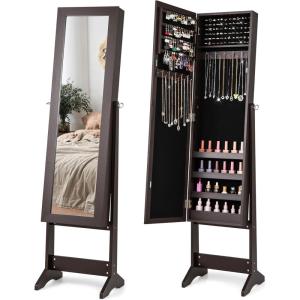 imageGiantex Jewelry Cabinet with FullLength Mirror Standing Jewelry Armoire Organizer with 64 Earring Slots 72 Ring Slots 20 Necklace Hooks 4 Storage Shelves 3 Angle Adjustable WhiteEspresso