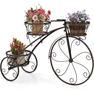 imageGiantex Metal Bicycle Planter 3 Tier Tricycle Flower Plant Stand w 3 Decorative Wheels Parisian Style Flower Display Stand Cart for Home Decor Patio Garden Flower Shop Indoor OutdoorBronze