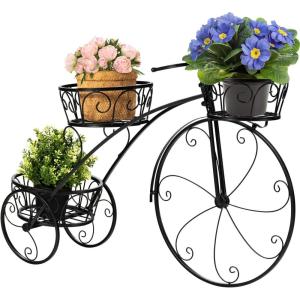 imageGiantex Metal Bicycle Planter 3 Tier Tricycle Flower Plant Stand w 3 Decorative Wheels Parisian Style Flower Display Stand Cart for Home Decor Patio Garden Flower Shop Indoor Outdoorblack