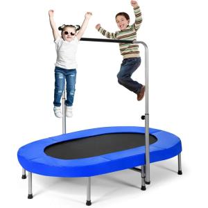 imageGiantex Mini Trampoline 2 Persons Foldable Fitness Trampoline w 5 Levels Height Adjustable Handle Max Load 330LBS Indoor Oval Rebounder Exercise Trampoline for Adult Kid Enjoy Parentchild TimeBlue