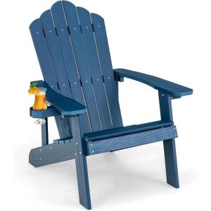 imageGiantex Outdoor Adirondack Chair  Oversized Patio Chairs wHidden Cup Holder Realistic Wood Grain 380 LBS Weight Capacity Weather Resistant Firepit Chairs for Backyard Garden 1 YellowNavy