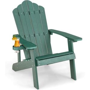 imageGiantex Outdoor Adirondack Chair  Oversized Patio Chairs wHidden Cup Holder Realistic Wood Grain 380 LBS Weight Capacity Weather Resistant Firepit Chairs for Backyard Garden 4 BlackDark Green