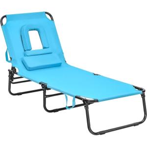 imageGiantex Outdoor Chaise Lounge Chair  Folding Beach Chair with 5 Adjustable Positions Hole Detachable Pillow Hand Ropes Lounger for Sunbathing Poolside Yard Patio Lawn ChairTurquoise