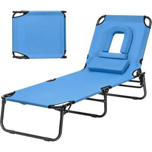 imageGiantex Outdoor Chaise Lounge Chair  Folding Beach Chair with 5 Adjustable Positions Hole Detachable Pillow Hand Ropes Lounger for Sunbathing Poolside Yard Patio Lawn ChairNavy