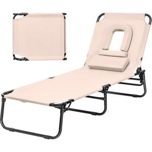 imageGiantex Outdoor Chaise Lounge Chair  Folding Beach Chair with 5 Adjustable Positions Hole Detachable Pillow Hand Ropes Lounger for Sunbathing Poolside Yard Patio Lawn ChairBeige