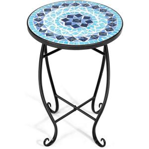 imageGiantex Outdoor Side Table Mosaic Patio Table 14inch Accent Table Plant Stand Ceramic Tile Top Metal Frame Small End Table Porch Beach Patio Garden Balcony PoolsideOcean