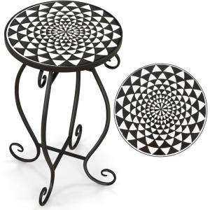 imageGiantex Outdoor Side Table Mosaic Patio Table 14inch Accent Table Plant Stand Ceramic Tile Top Metal Frame Small End Table Porch Beach Patio Garden Balcony PoolsideMonochrome