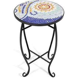 imageGiantex Outdoor Side Table Mosaic Patio Table 14inch Accent Table Plant Stand Ceramic Tile Top Metal Frame Small End Table Porch Beach Patio Garden Balcony PoolsideSun
