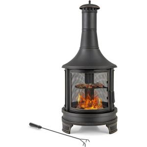 imageGiantex Outdoor Wood Burning Chiminea Fire Pit 30 Inch Metal Fireplace wGrill Chiminea Cover ampamp Spark Screen Door Fire Poker Chiminea Firepit for Patio Garden Backyard BBQ Deck Black