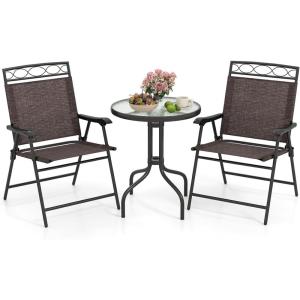 imageGiantex Patio Dining Set Round Glass Table with 2 Patio Folding Chairs Outdoor Table and Chairs for Garden Pool Backyard Tempered Glass Tabletop with Umbrella Hole BrownBrown