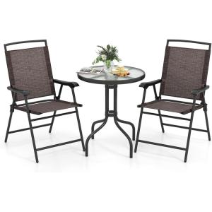 imageGiantex Patio Dining Set with 2 Patio Folding Chairs Outdoor Round Table and Chairs for Garden Pool Backyard Tempered Glass Tabletop Bistro Dining Furniture Set BrownBrown