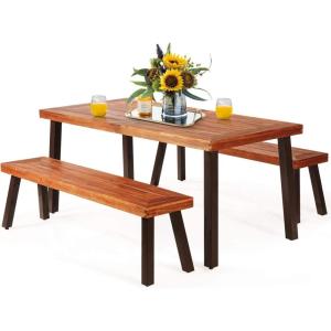 imageGiantex Patio Dining Table Set with 2 Benches Outdoor Picnic Table Set with Umbrella Hole Acacia Wood Patio Seating and Rectangular Table for Backyard Garden Lawn Rustic BrownRustic Brown