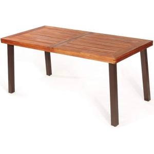 imageGiantex Patio Dining Table with Umbrella Hole Outdoor Picnic Table for Backyard Garden Lawn Farmhouse Acacia Wood Rectangular Table with Metal Legs Rustic BrownAcacia