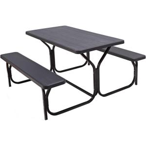 imageGiantex Picnic Bench Set Outdoor Camping All Weather Metal Base WoodLike Texture Backyard Poolside Dining Party Garden Lawn Deck Large Picnic Tables for Adult BlackBlack