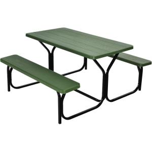 imageGiantex Picnic Bench Set Outdoor Camping All Weather Metal Base WoodLike Texture Backyard Poolside Dining Party Garden Lawn Deck Large Picnic Tables for Adult BlackGreen