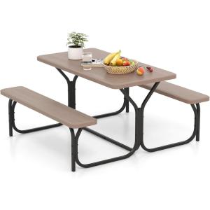 imageGiantex Picnic Bench Set Outdoor Camping All Weather Metal Base WoodLike Texture Backyard Poolside Dining Party Garden Lawn Deck Large Picnic Tables for Adult BlackCoral Reef