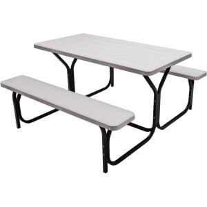 imageGiantex Picnic Bench Set Outdoor Camping All Weather Metal Base WoodLike Texture Backyard Poolside Dining Party Garden Lawn Deck Large Picnic Tables for Adult BlackWhite