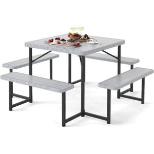 imageGiantex Picnic Table Bench Set for 48 Person Round 37 Outdoor Dining Table wUmbrella Hole HDPE Tabletop Metal Frame Patio Furniture Set for Backyard Porch Lawn 1400lb Capacity GrayRoundGrey