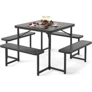 imageGiantex Picnic Table Bench Set for 48 Person Round 37 Outdoor Dining Table wUmbrella Hole HDPE Tabletop Metal Frame Patio Furniture Set for Backyard Porch Lawn 1400lb Capacity GrayRoundBlack