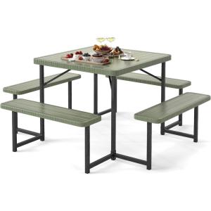 imageGiantex Picnic Table Bench Set for 48 Person Round 37 Outdoor Dining Table wUmbrella Hole HDPE Tabletop Metal Frame Patio Furniture Set for Backyard Porch Lawn 1400lb Capacity GrayRoundGreen