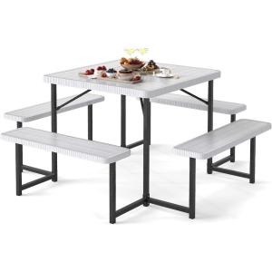 imageGiantex Picnic Table Bench Set for 48 Person Round 37 Outdoor Dining Table wUmbrella Hole HDPE Tabletop Metal Frame Patio Furniture Set for Backyard Porch Lawn 1400lb Capacity GrayRoundWhite