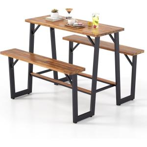 imageGiantex Picnic Table Bench Set for 6 Acacia Wood Outdoor Dining Table Set with 3 Seats 197quot Umbrella Hole 1720 LBS Capacity Heavy Duty Metal Frame for Front Porch Patio Lawn GardenRectangular