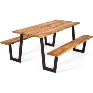 imageGiantex Picnic Table Bench Set with Umbrella Hole Outdoor Dining Table Set 70 Acacia Wood Picnic Beer Table with Metal Frame PatentedRustic