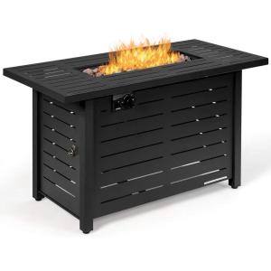 imageGiantex Propane Fire Pit Table 42 Inch 60000 BTU Rectangular Gas Fire Table wWaterproof Cover Outdoor Electronic Ignition Firepit Table wLava Rock for Courtyard Balcony Garden TerraceBlack