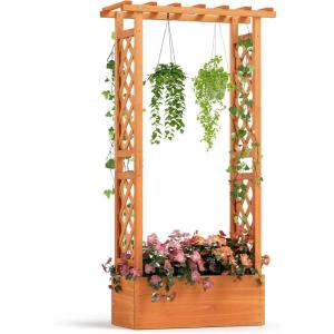 imageGiantex Raised Garden Bed with Trellis ampamp Hanging Roof Wood Planter Box with Bottom and Drainage Holes Freestanding Garden Planter for Flower Vegetable Fruit Herb Climbing Vines 77quotx17quotx72quot1