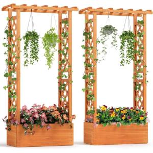 imageGiantex Raised Garden Bed with Trellis ampamp Hanging Roof Wood Planter Box with Bottom and Drainage Holes Freestanding Garden Planter for Flower Vegetable Fruit Herb Climbing Vines 77quotx17quotx72quot2