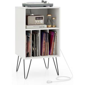 imageGiantex Record Player Stand with Charging Station Turntable Cabinet with Record Storage ampamp Metal Legs Vinyl Record Storage Cabinet Holds Up to 150 Albums for Living Room Bedroom Light OakWhite