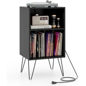imageGiantex Record Player Stand with Charging Station Turntable Cabinet with Record Storage ampamp Metal Legs Vinyl Record Storage Cabinet Holds Up to 150 Albums for Living Room Bedroom Light OakBlack