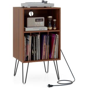 imageGiantex Record Player Stand with Charging Station Turntable Cabinet with Record Storage ampamp Metal Legs Vinyl Record Storage Cabinet Holds Up to 150 Albums for Living Room Bedroom Light OakWalnut
