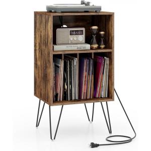 imageGiantex Record Player Stand with Charging Station Turntable Cabinet with Record Storage ampamp Metal Legs Vinyl Record Storage Cabinet Holds Up to 150 Albums for Living Room Bedroom Light OakRustic Brown
