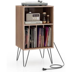 imageGiantex Record Player Stand with Charging Station Turntable Cabinet with Record Storage ampamp Metal Legs Vinyl Record Storage Cabinet Holds Up to 150 Albums for Living Room Bedroom Light OakLight Oak
