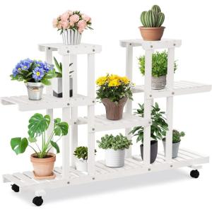 imageGiantex Rolling Flower Rack Wood Plant Stand on Wheels 6 Wood Shelves 12 Pots Bonsai Display Shelf Indoor Outdoor Yard Garden Patio Balcony Living Room Storage Rack Bookshelf Hollow Shelves WhiteWhite