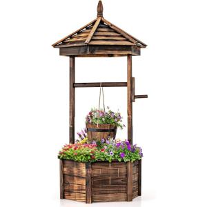imageGiantex Rustic Wooden Wishing Well Planter with Hanging Bucket Roof Shadow Reinforced Rod Wishing Wells for Outdoors Backyard Patio Garden Outside Decor