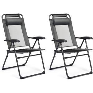 imageGiantex Set of 2 Patio Dining Chairs Folding Lounge Chairs with 7 Level Adjustable Backrest Headrest 300 Lbs Capacity Outdoor Portable Chairs with Metal Frame 2 GrayGrey