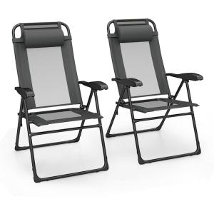 imageGiantex Set of 2 Patio Dining Chairs Folding Lounge Chairs with 7 Level Adjustable Backrest Headrest 300 Lbs Capacity Outdoor Portable Chairs with Metal Frame 2 GrayDark Gray