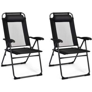 imageGiantex Set of 2 Patio Dining Chairs Folding Lounge Chairs with 7 Level Adjustable Backrest Headrest 300 Lbs Capacity Outdoor Portable Chairs with Metal Frame 2 GrayBlack