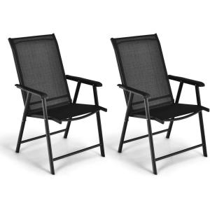 imageGiantex Set of 2 Patio Folding Chairs Outdoor Chairs with Armrest Portable Dining Chairs for Porch Camping Pool Beach Deck Lawn Garden 2Pack Patio Sling Chairs Metal Frame GreyBlack