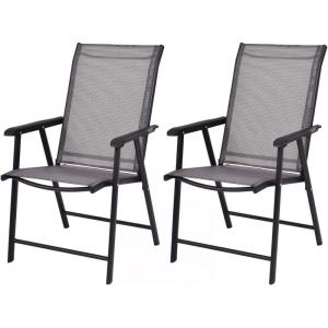 imageGiantex Set of 2 Patio Folding Chairs Outdoor Chairs with Armrest Portable Dining Chairs for Porch Camping Pool Beach Deck Lawn Garden 2Pack Patio Sling Chairs Metal Frame GreyGrey