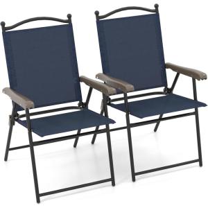 imageGiantex Set of 2 Patio Folding Chairs Outdoor Patio Dining Chairs wArmrest Sling Back Metal Frame Outside Use for Lawn Camping Garden Pool Beach Yard Lounge No Assembly YellowNavy