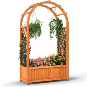 imageGiantex Set of 2 Raised Garden Bed with Arch Trellis for Climbing Vine Flower Vegetable Wood Planter Box with Liner ampamp Drainage Design Outdoor Plant Container for Yard Balcony 33quotx14quotx58quot1