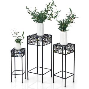 imageGiantex Set of 3 Metal Plant Stand 3 Pieces Flower Pot Holder Rack with Ceramic Beads Design Irons Planter Supports Display End Table for Home Patio Garden Square