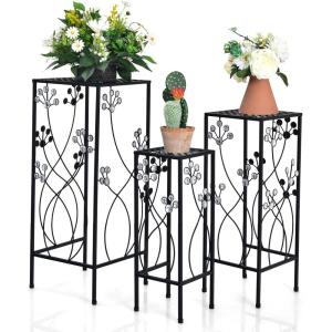 imageGiantex Set of 3 Metal Plant Stand 3 Pieces Flower Pots Display Rack with Vines and Crystal Floral Design Irons Planter Supports End Table for Home Patio Garden Square