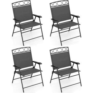 imageGiantex Set of 4 Patio Folding dining chairs for Camping Beach Backyard Deck Portable wArmrest and Metal Frame 4Pack BrownGrey